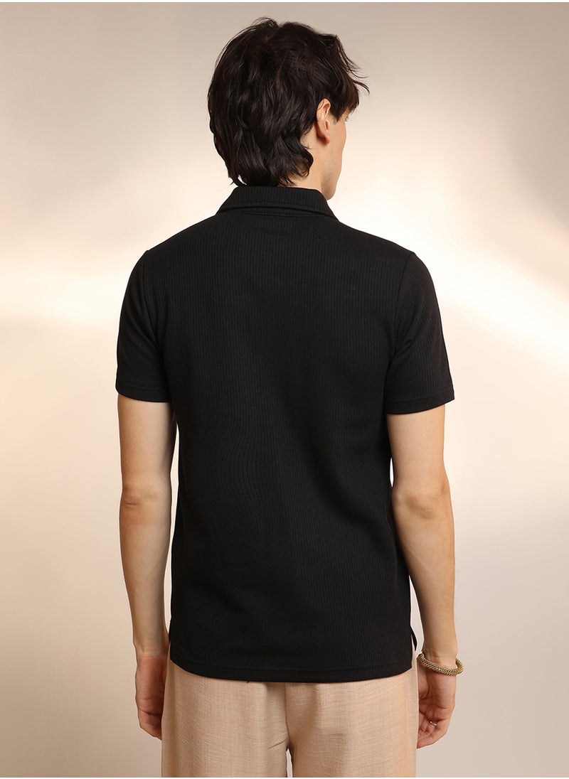 Men's Onyx Black Ribbed Polo T-Shirt