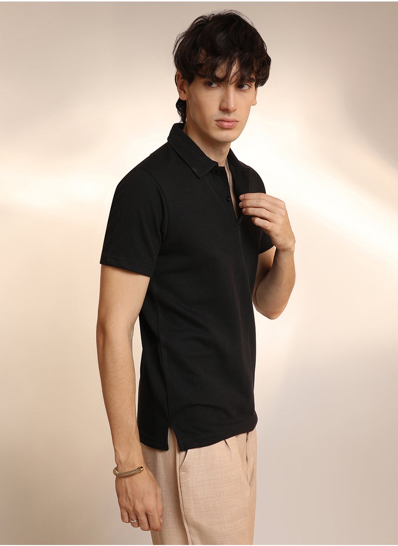 Men's Onyx Black Ribbed Polo T-Shirt