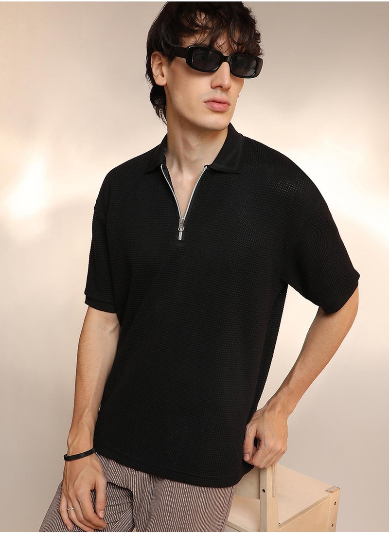 Men's Onyx Black Micro-Waffle Polo T-Shirt