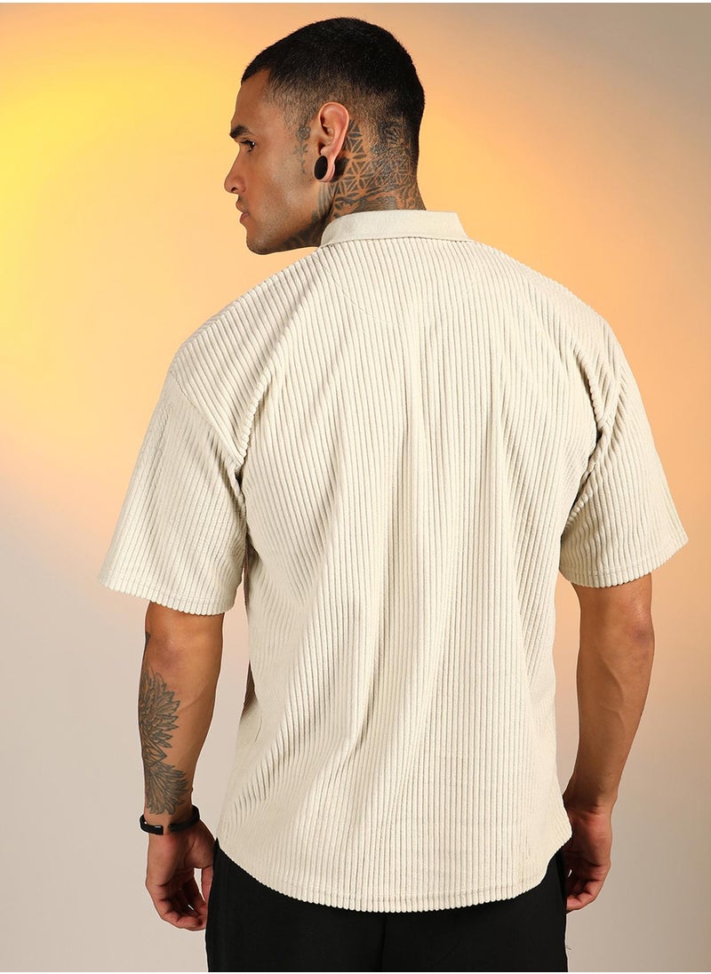 Men's Saltbox Beige Ribbed Oversized Polo T-Shirt