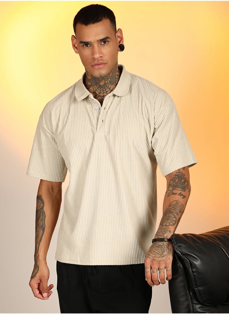 Men's Saltbox Beige Ribbed Oversized Polo T-Shirt