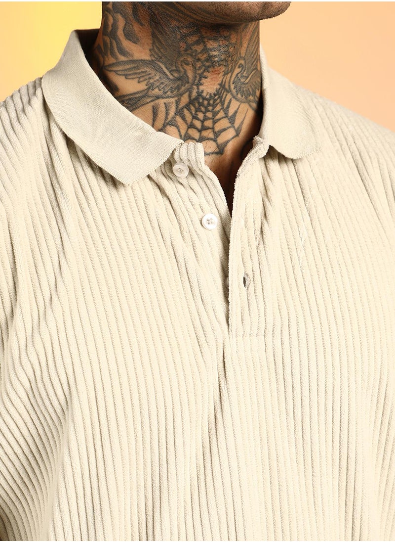 Men's Saltbox Beige Ribbed Oversized Polo T-Shirt