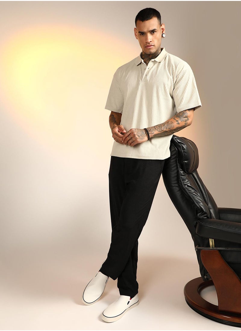 Men's Saltbox Beige Ribbed Oversized Polo T-Shirt