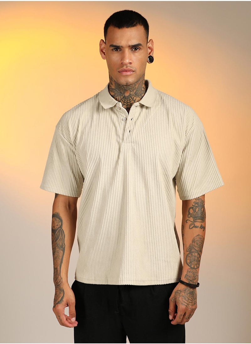 Men's Saltbox Beige Ribbed Oversized Polo T-Shirt