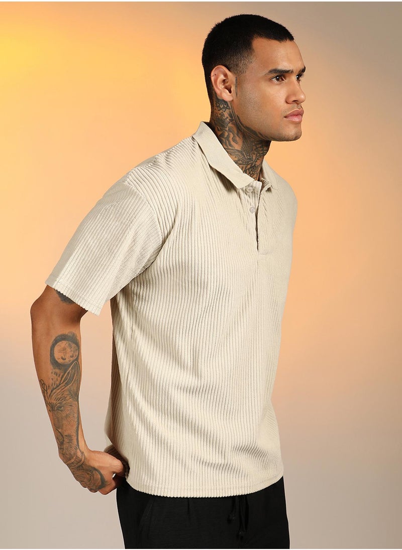 Men's Saltbox Beige Ribbed Oversized Polo T-Shirt