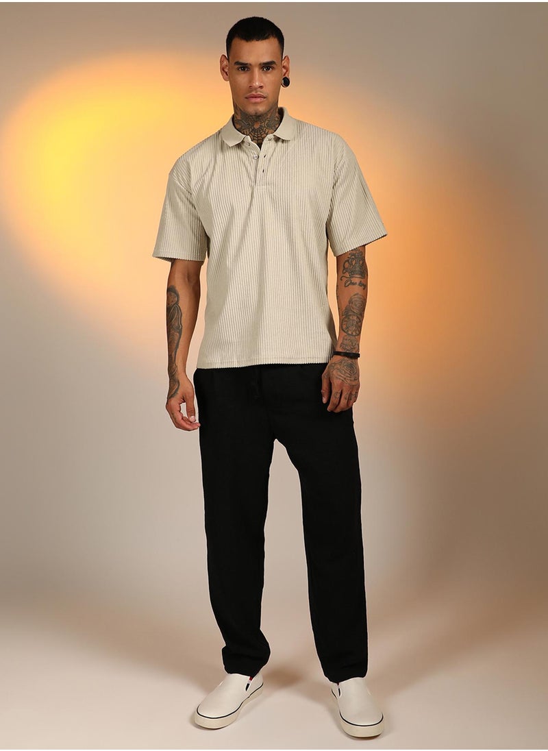 Men's Saltbox Beige Ribbed Oversized Polo T-Shirt