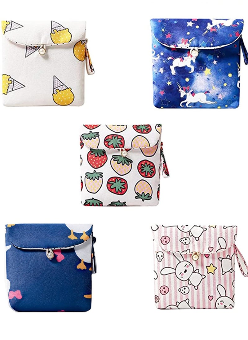 5 Pieces Portable Sanitary Napkin Storage Bag Cute Sanitary Storage Bag with Button and Hanging Loop Rectangular Storage Bag Menstrual Pad Bags for Women Girls Cosmetics Candy