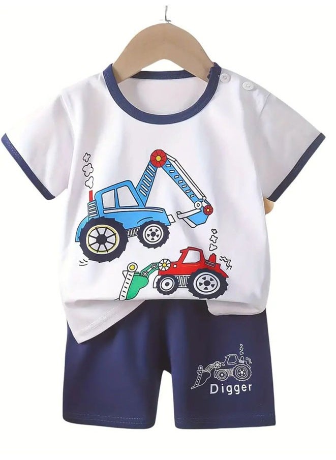 Boys Summer Short sleeve T-shirt two-piece set,Cartoon Engineering Vehicle Excavator Printed Short Sleeve and Shorts,Two Piece set,Boy T-Shirt Set