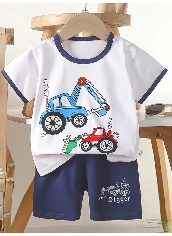 Boys Summer Short sleeve T-shirt two-piece set,Cartoon Engineering Vehicle Excavator Printed Short Sleeve and Shorts,Two Piece set,Boy T-Shirt Set
