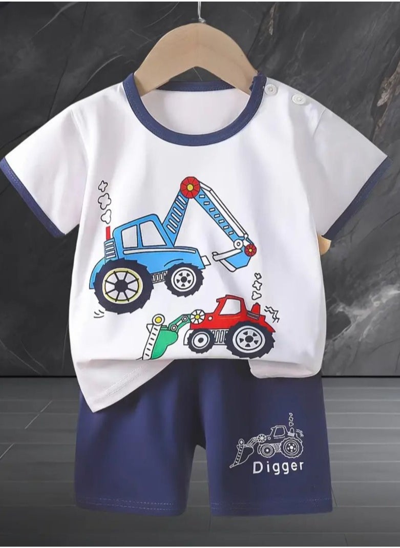 Boys Summer Short sleeve T-shirt two-piece set,Cartoon Engineering Vehicle Excavator Printed Short Sleeve and Shorts,Two Piece set,Boy T-Shirt Set