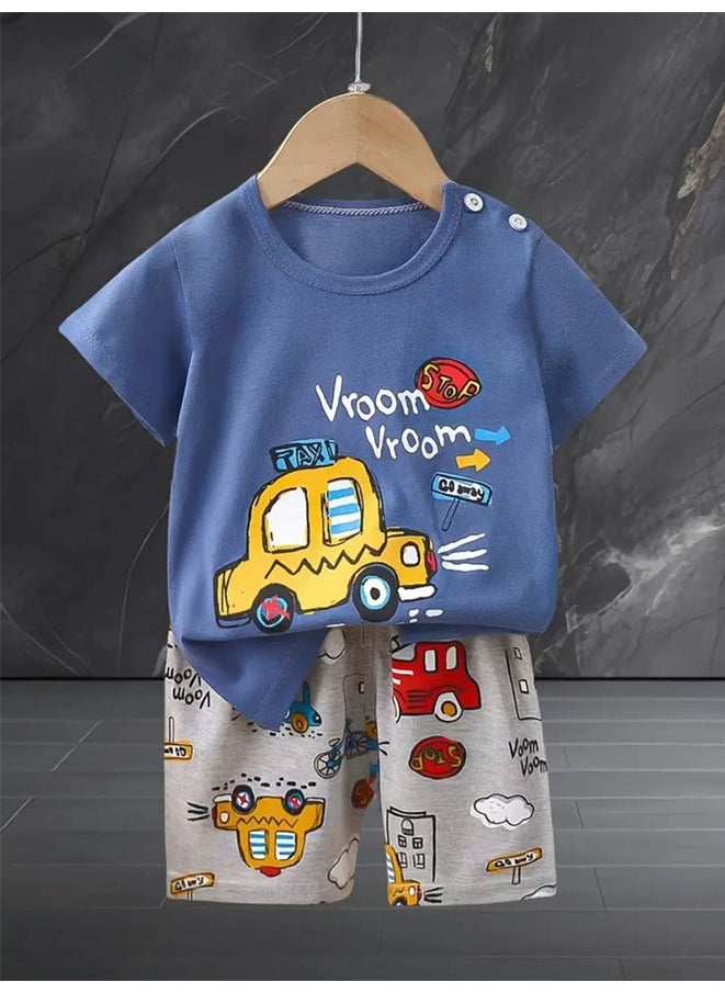 Boys Summer Short sleeve T-shirt two-piece set，Cartoon Car Printed Short Sleeve and Shorts,Two Piece set,Boy T-Shirt Set
