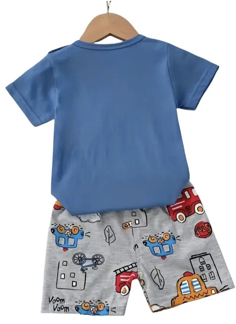 Boys Summer Short sleeve T-shirt two-piece set，Cartoon Car Printed Short Sleeve and Shorts,Two Piece set,Boy T-Shirt Set