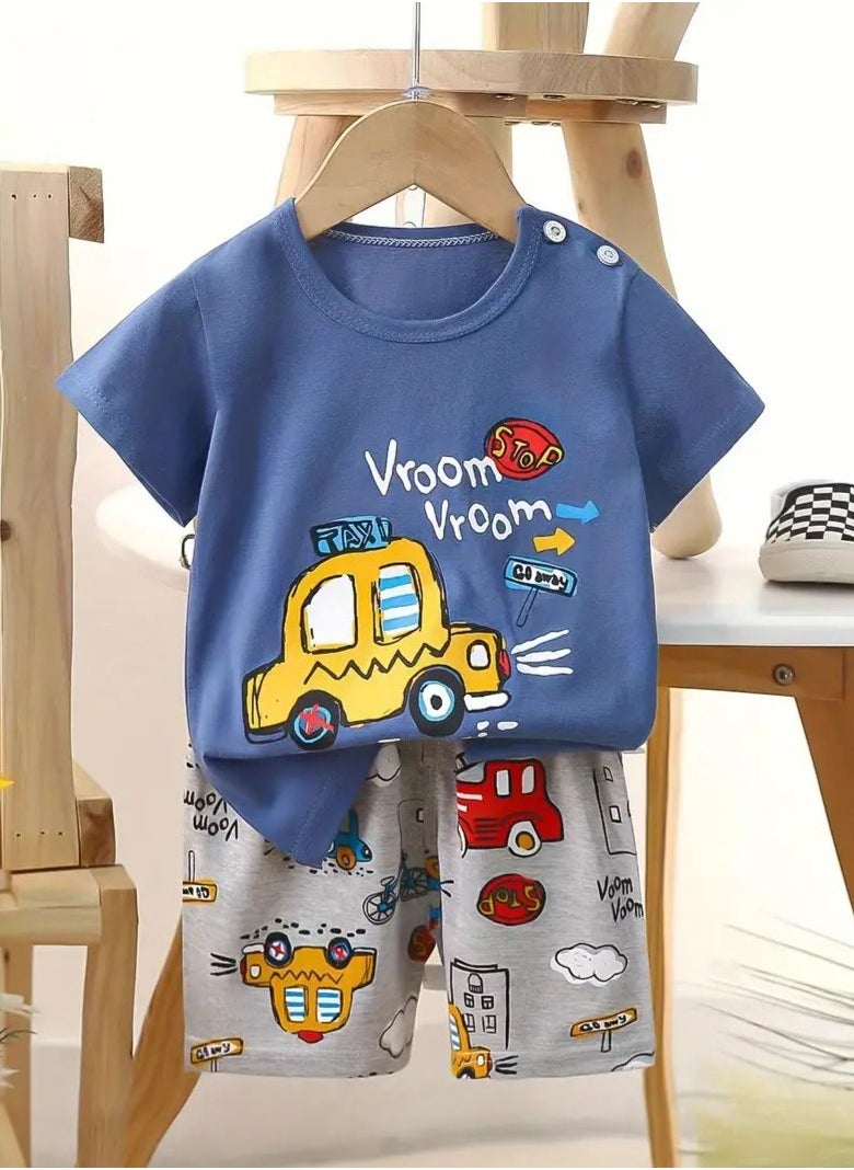 Boys Summer Short sleeve T-shirt two-piece set，Cartoon Car Printed Short Sleeve and Shorts,Two Piece set,Boy T-Shirt Set