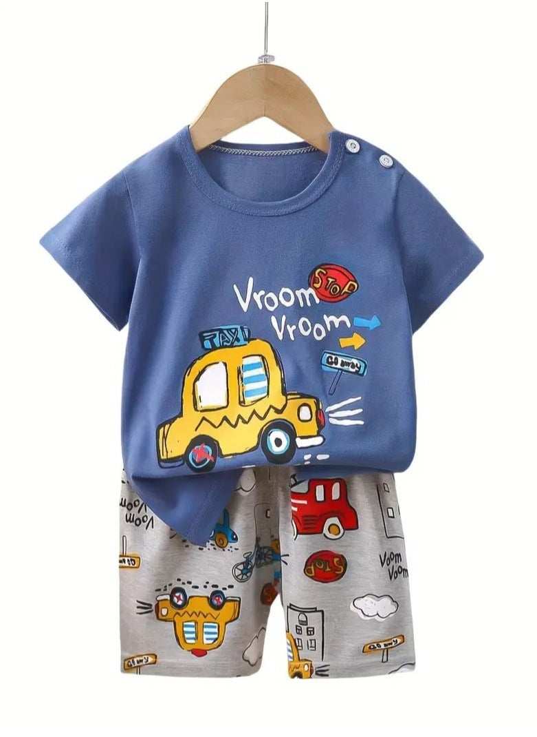 Boys Summer Short sleeve T-shirt two-piece set，Cartoon Car Printed Short Sleeve and Shorts,Two Piece set,Boy T-Shirt Set