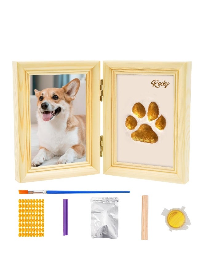 Paw Print Kit, with Picture Frame and Imprint Clay, Pawprints Impression Keepsake for Dogs Cats, Memorial Desk Display for Pets, Double-hinged Photo Frame, Soft  Easy to Mould, Natural