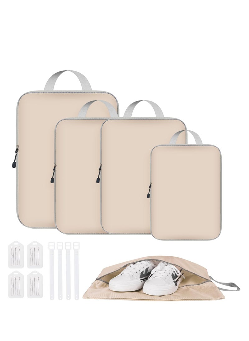 5 Set Compression Packing Cubes for Travel, Travel Packing Cubes Suitcases Organizer with 4 Luggage Cards, Expandable Storage Packing Organizers, Travel Accessories for Suitcase Organizer Bags Set