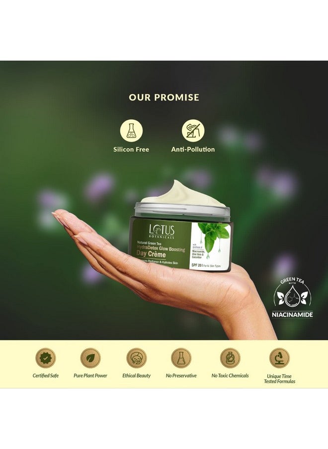 Natural Green Tea Hydradetox Glow Boosting Day Cream Spf 20 With Niacinamide | Boosts Glow And Enhances Skin Radiance | Hydrates Skin | Protects From Sun | Prevents Acne And Pimples | Preservative Free | For All Skin Types | 50G