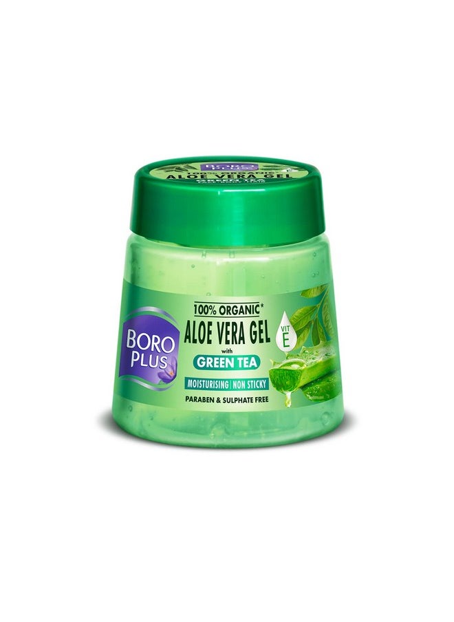 Aloe Vera Gel With Green Tea 100% Organic For Skin & Hair, Rich In Vitamin E And Antiseptic Herbs For Smooth, Nourished And Moisturised Skin, 200Ml