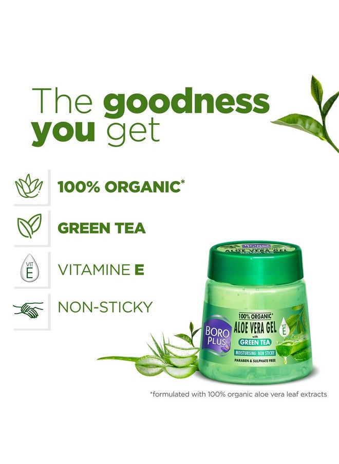 Aloe Vera Gel With Green Tea 100% Organic For Skin & Hair, Rich In Vitamin E And Antiseptic Herbs For Smooth, Nourished And Moisturised Skin, 200Ml