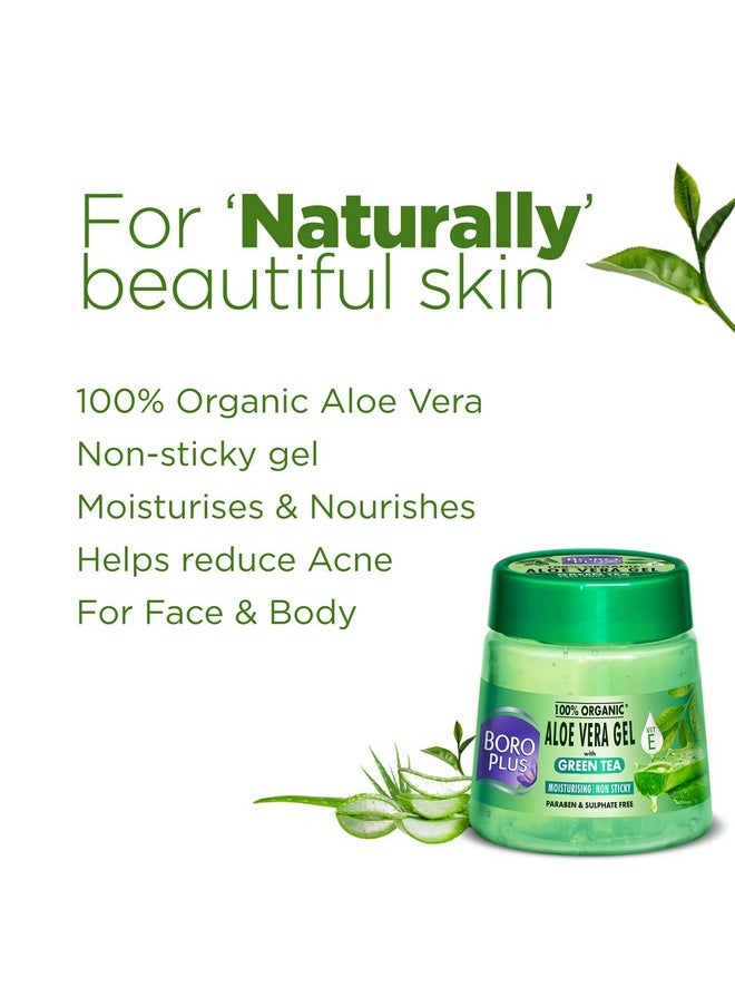 Aloe Vera Gel With Green Tea 100% Organic For Skin & Hair, Rich In Vitamin E And Antiseptic Herbs For Smooth, Nourished And Moisturised Skin, 200Ml