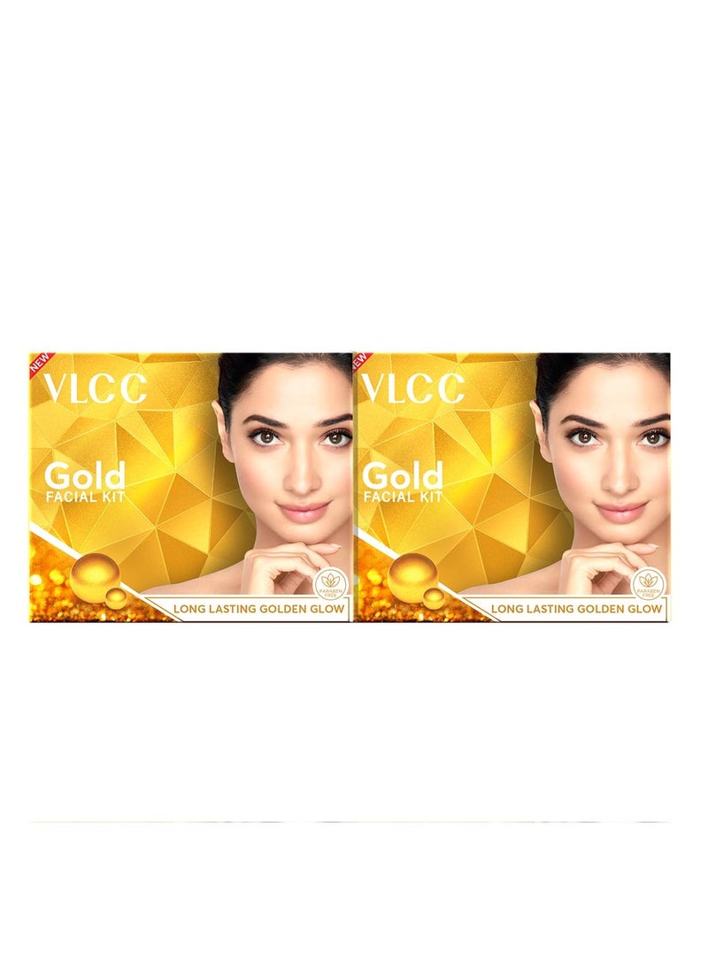 VLCC Gold Facial Kit, Bright & Glowing Skin - 60g X 2 (Pack of 2) | Pamper your Skin for a Luminous Glow | Parlour Glow with 24K Gold Bhasma, Rose Extracts, Turmeric & Aloe Vera.