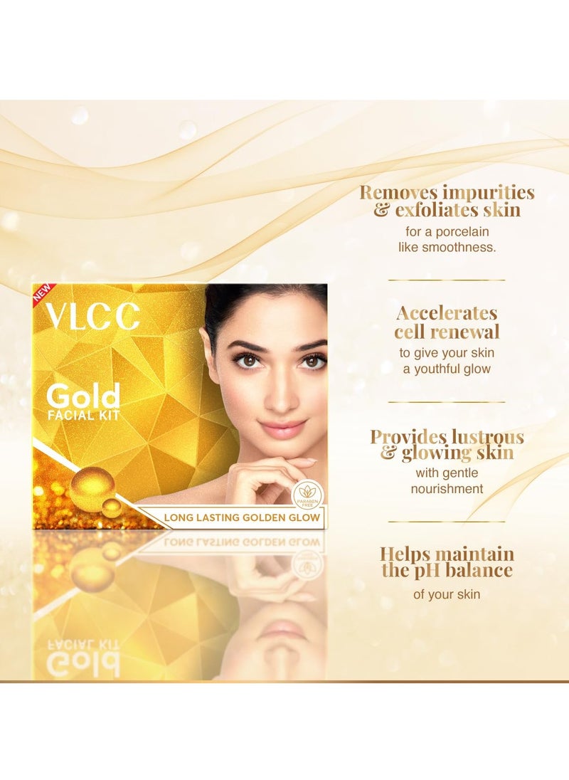 VLCC Gold Facial Kit, Bright & Glowing Skin - 60g X 2 (Pack of 2) | Pamper your Skin for a Luminous Glow | Parlour Glow with 24K Gold Bhasma, Rose Extracts, Turmeric & Aloe Vera.