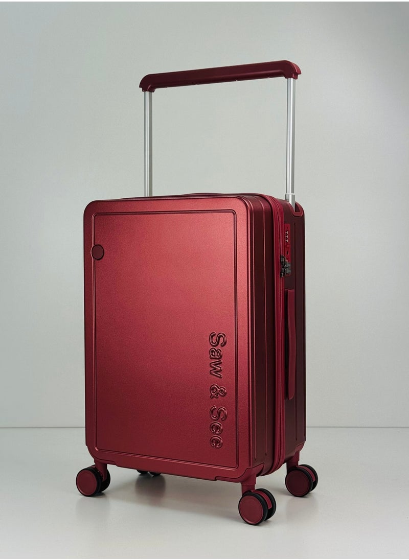 Carry On Luggage Wide Handle Luxury Design Rolling Travel Suitcase, TSA Approved combination Lock, PC Hardside with Cup Holder and 4 Double Spinner Wheels, 20 inch - DARK RED
