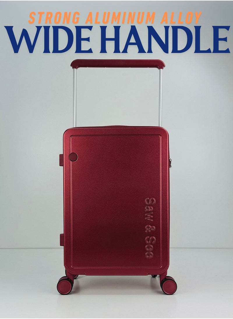 Carry On Luggage Wide Handle Luxury Design Rolling Travel Suitcase, TSA Approved combination Lock, PC Hardside with Cup Holder and 4 Double Spinner Wheels, 20 inch - DARK RED