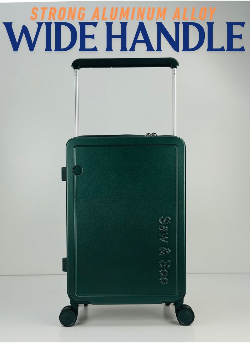 Carry On Luggage Wide Handle Luxury Design Rolling Travel Suitcase, TSA Approved combination Lock, PC Hardside with Cup Holder and 4 Double Spinner Wheels, 20 inch - DARK GREEN