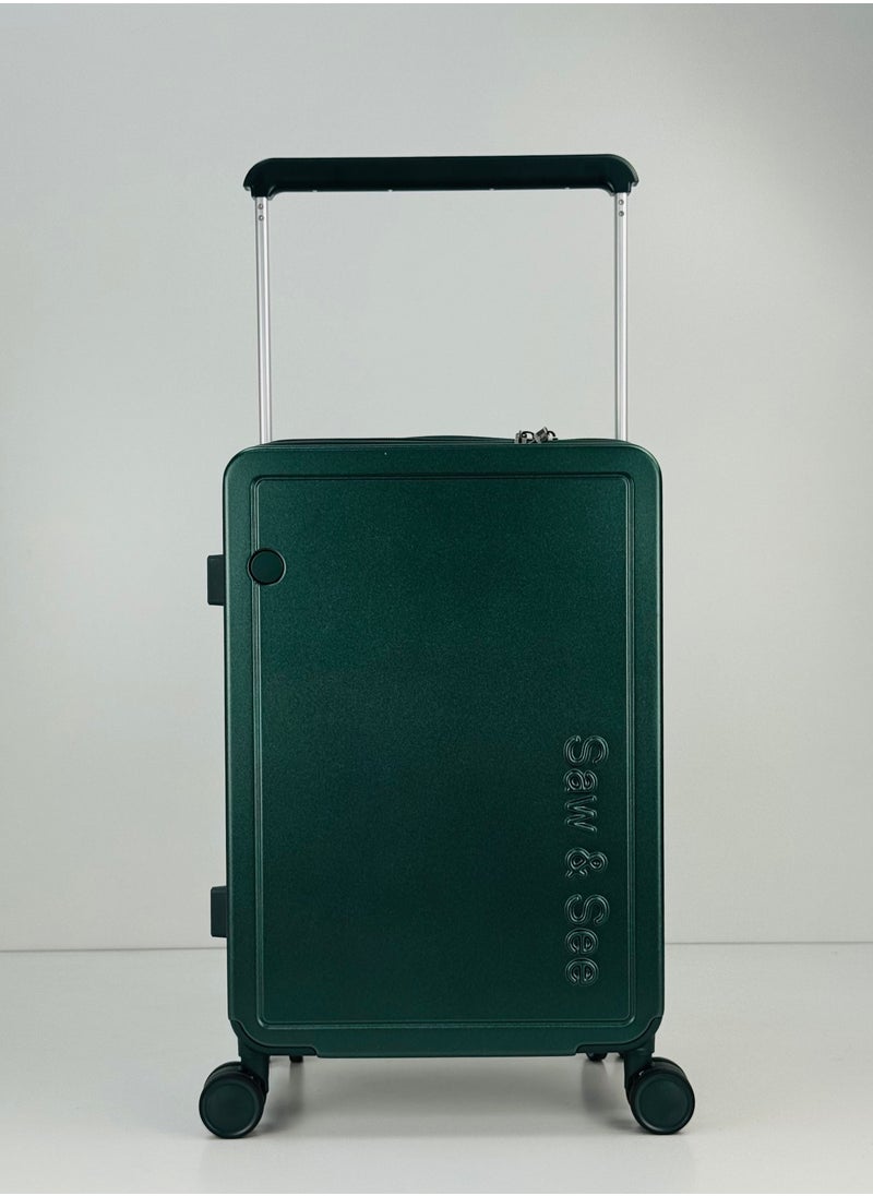 Carry On Luggage Wide Handle Luxury Design Rolling Travel Suitcase, TSA Approved combination Lock, PC Hardside with Cup Holder and 4 Double Spinner Wheels, 20 inch - DARK GREEN