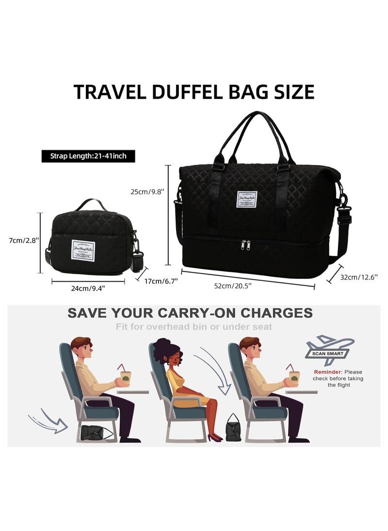 Weekender Travel Bag for Women, Carry On Overnight Duffel Bag, with Shoe Compartment, Large Gym Tote Duffle Bag with Toiletry Bag Black, Hospital Bags for Labor and Delivery(Black)