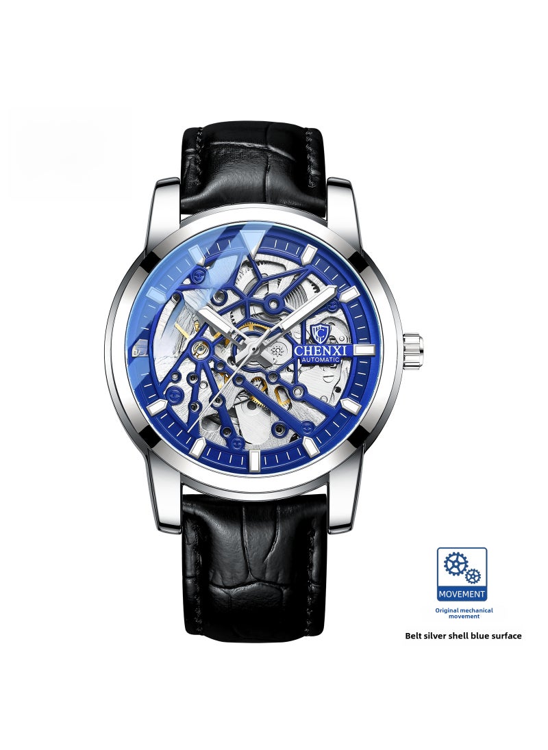CHENXI Hollow Automatic Mens Watch Waterproof Luminous White shell blue surface black belt