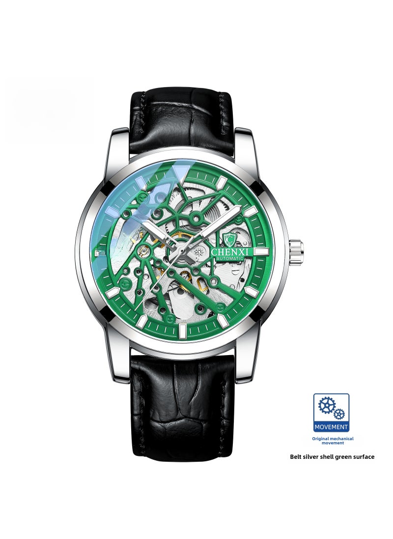 CHENXI Hollow Automatic Mens Watch Waterproof Luminous White Shell green surface black belt