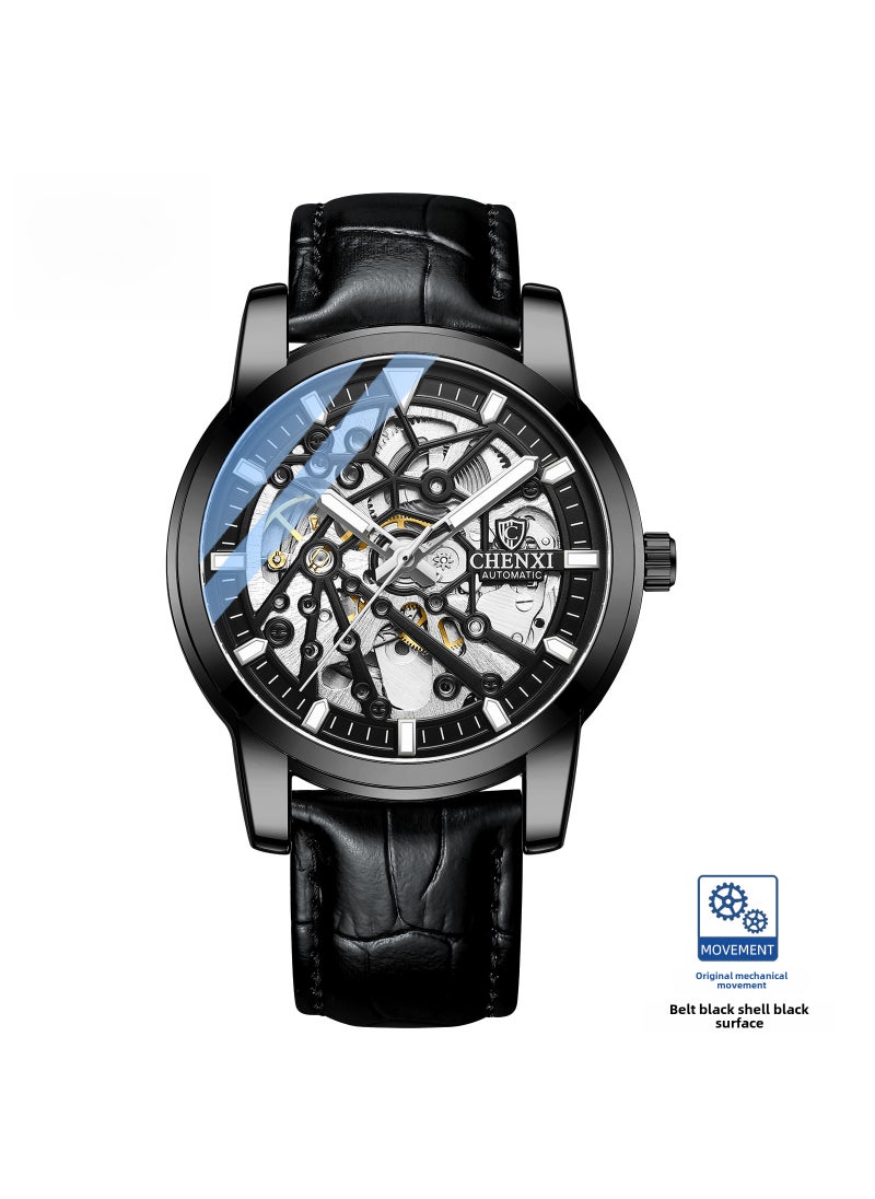 CHENXI Hollow Automatic Mens Watch Waterproof Luminous Black Shell black surface black belt