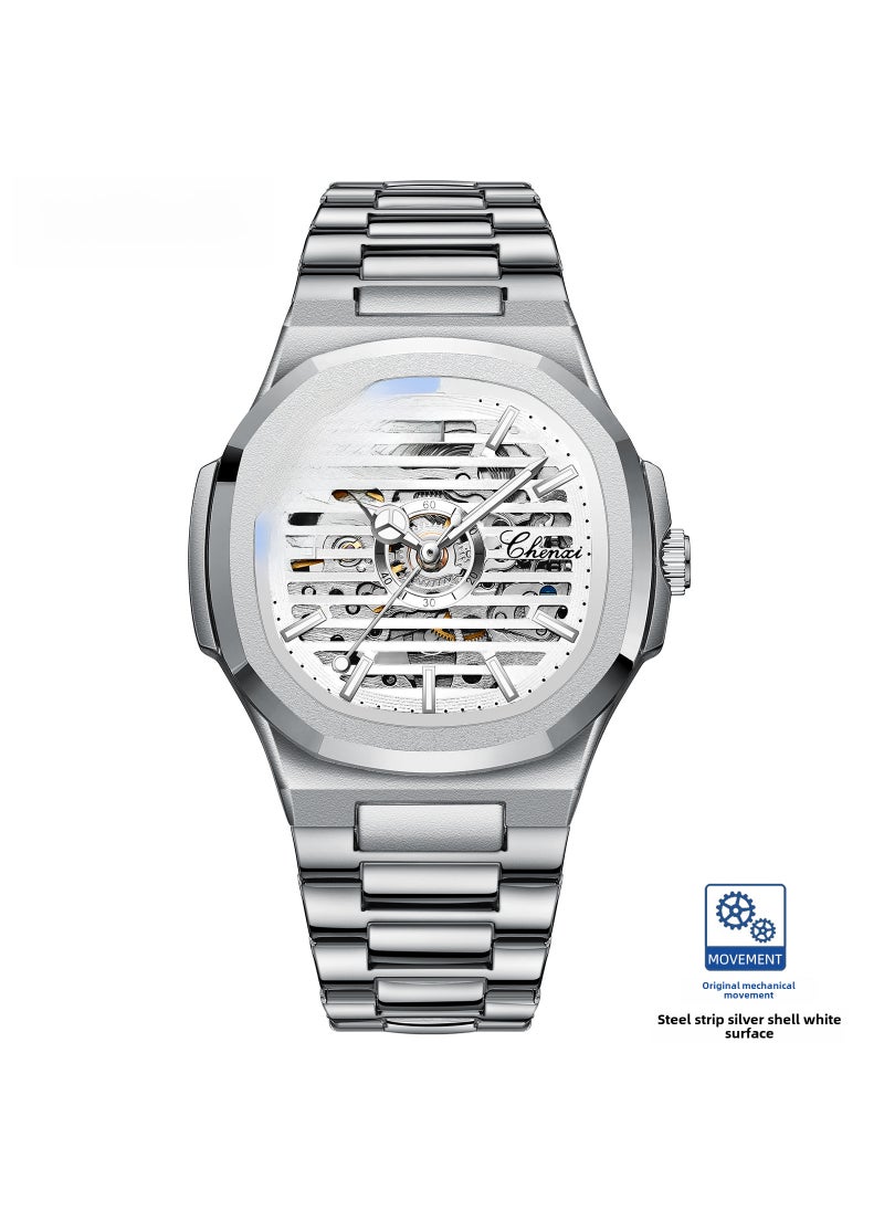 CHENXI Fashion Automatic Mens Luxury Watch White Shell White Surface Steel Belt [Metal Butterfly Buckle]]
