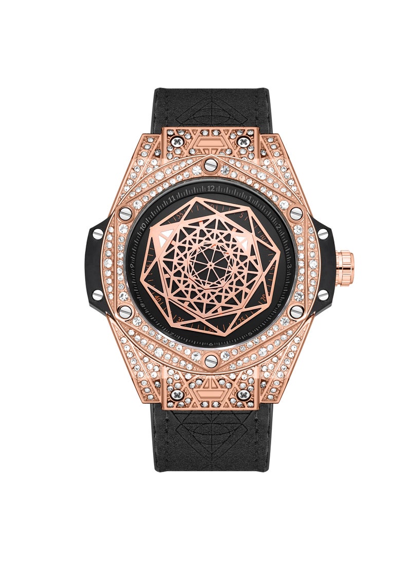 Trendy Kingston Mens Automatic Diamond Watch Gold Diamond black leather