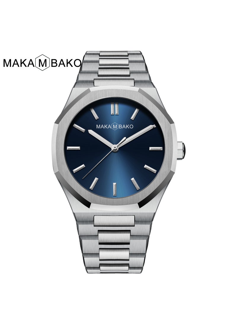 Japanese MIYOTA Mens Business Casual Waterproof Stainless Steel Quartz Watch 5015-LAN blue face silver chain