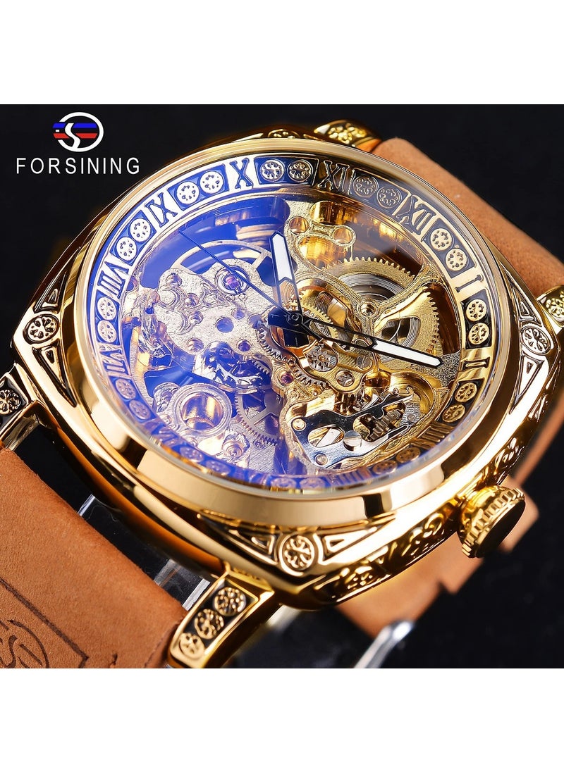 Vintage Hollow Mens Automatic Mechanical Watch Gold