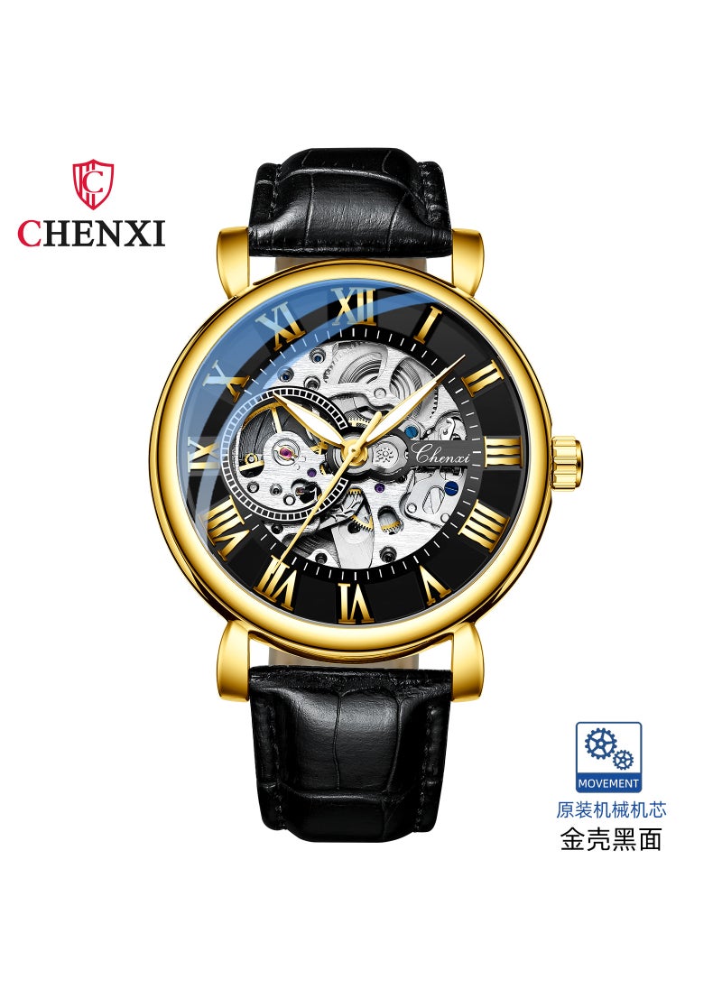 CHENXI Luxury Skeleton Mechanical Mens Watch Gold shell black face black band