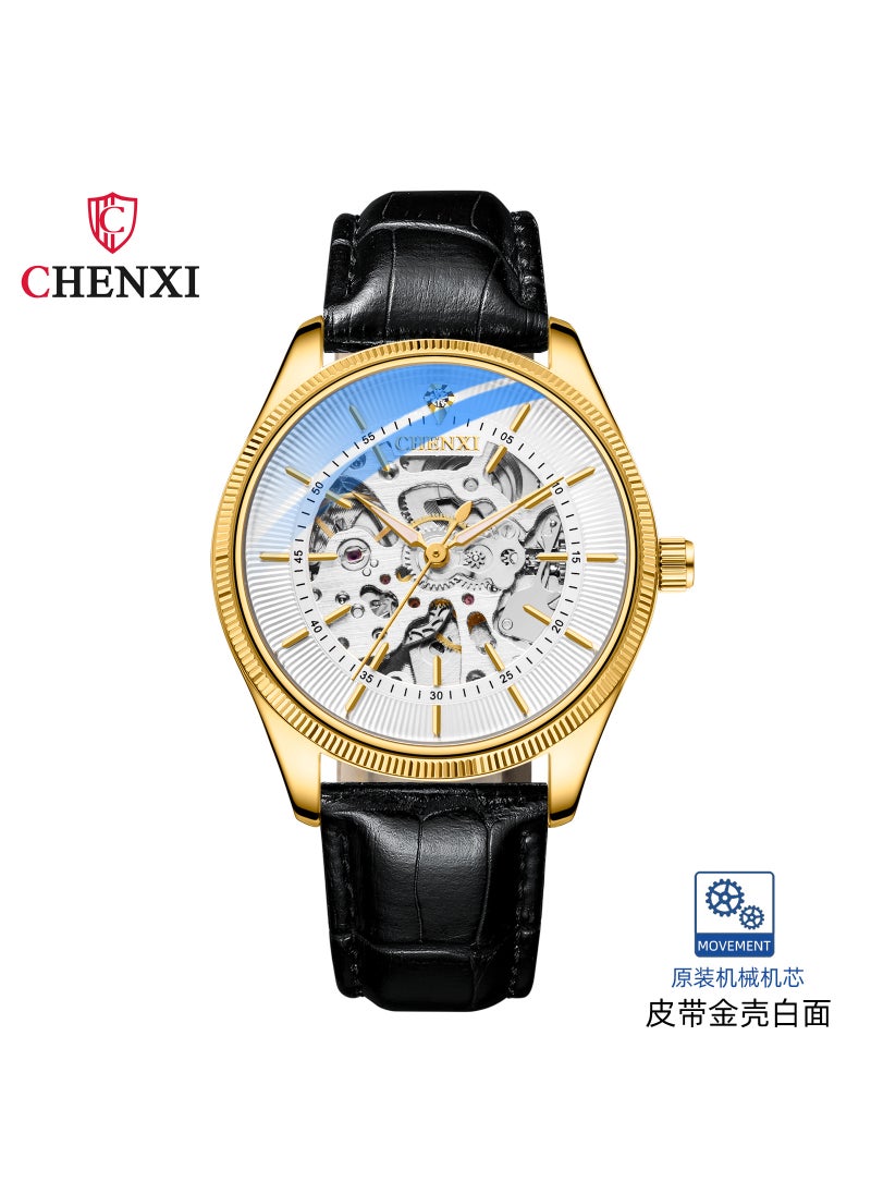Dawn Automatic Mens Waterproof Business Watch Gold shell White face black belt