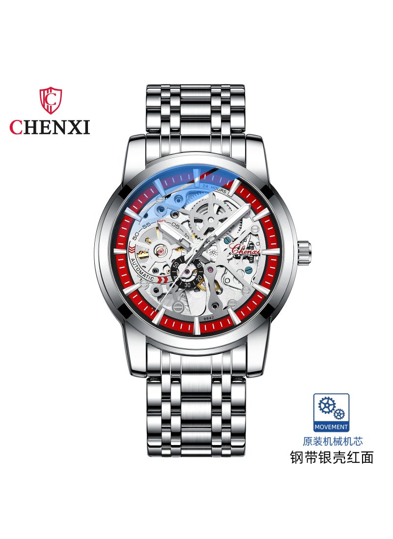 Dawn Luxury Solid Steel Automatic Mens Watch White Shell red face white steel strip