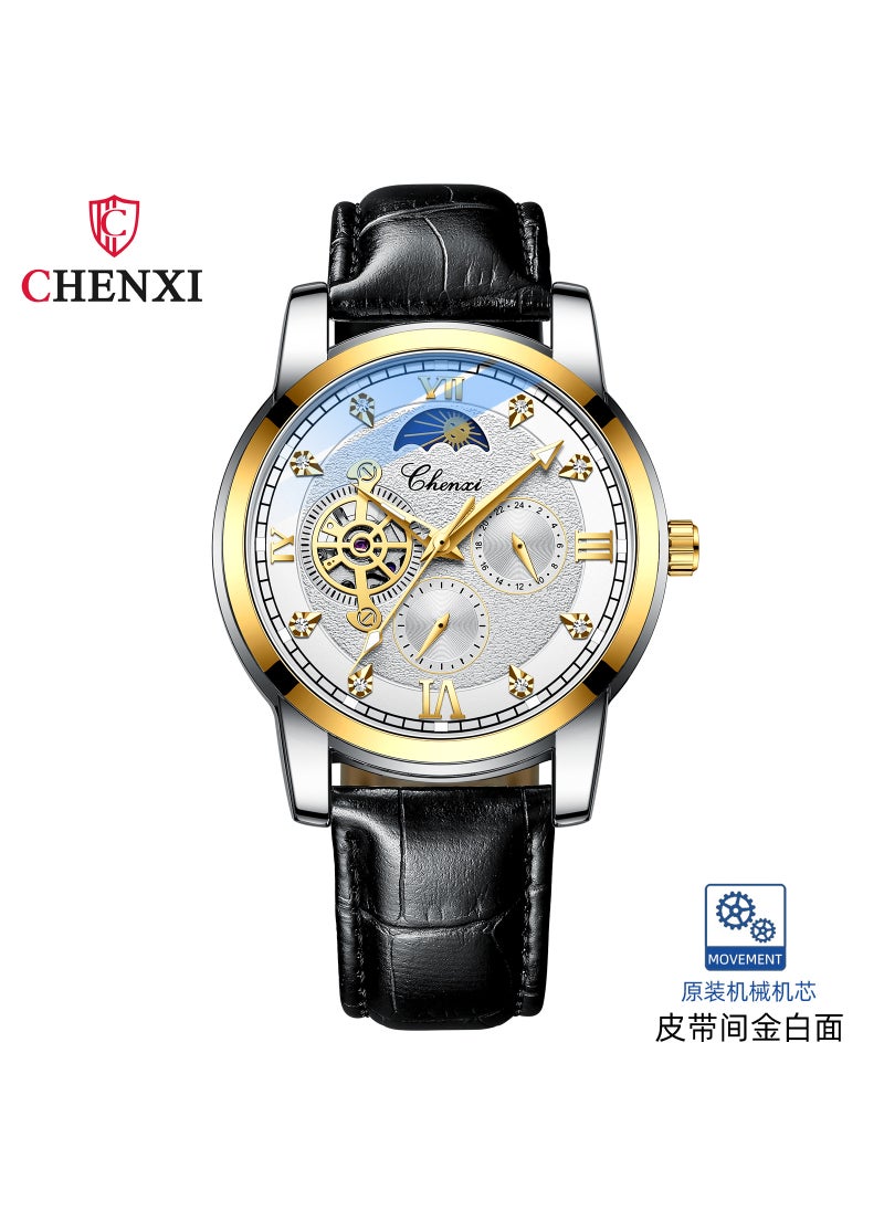 CHENXI Mens Business Skeleton Mechanical Watch with Leather Strap, Moon Phase, Waterproof Luminous Gold shell White face black belt
