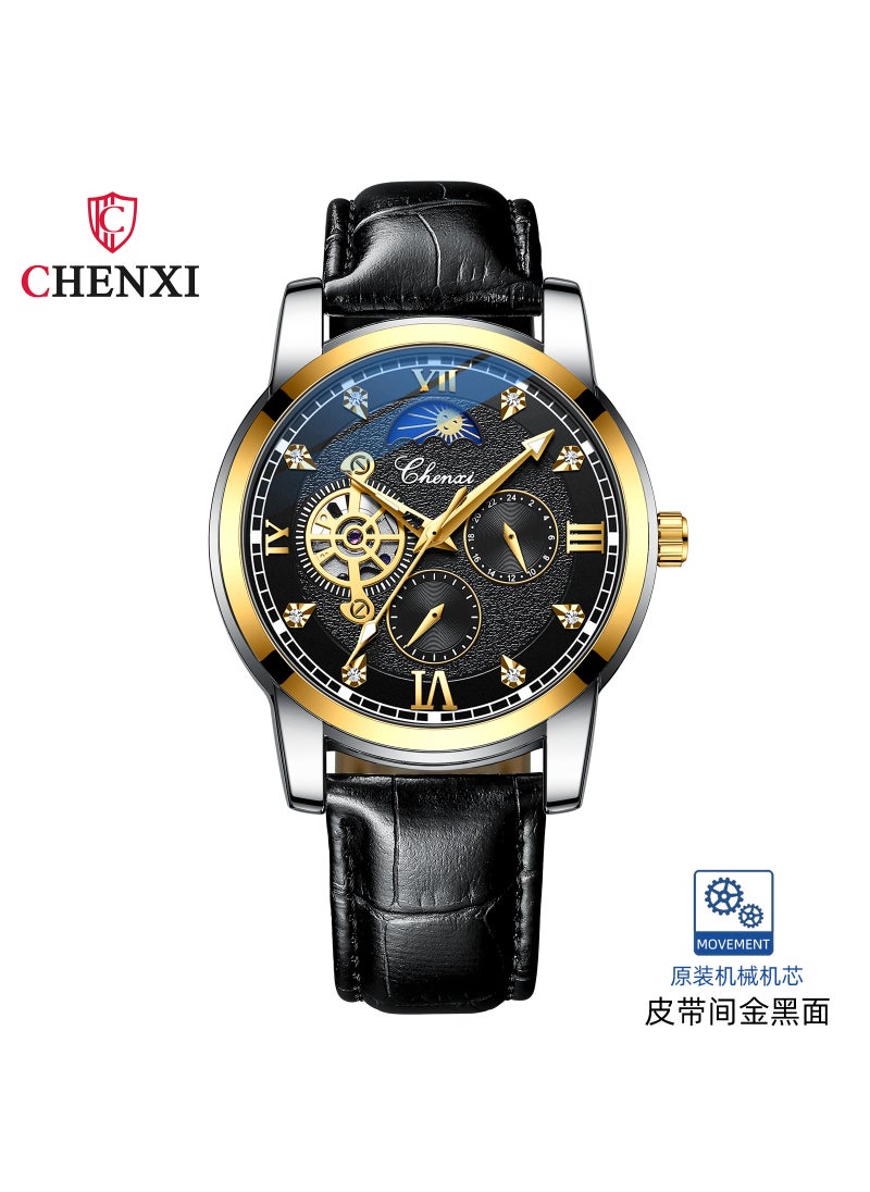 CHENXI Mens Business Skeleton Mechanical Watch with Leather Strap, Moon Phase, Waterproof Luminous Black leather belt with gold shell and black face