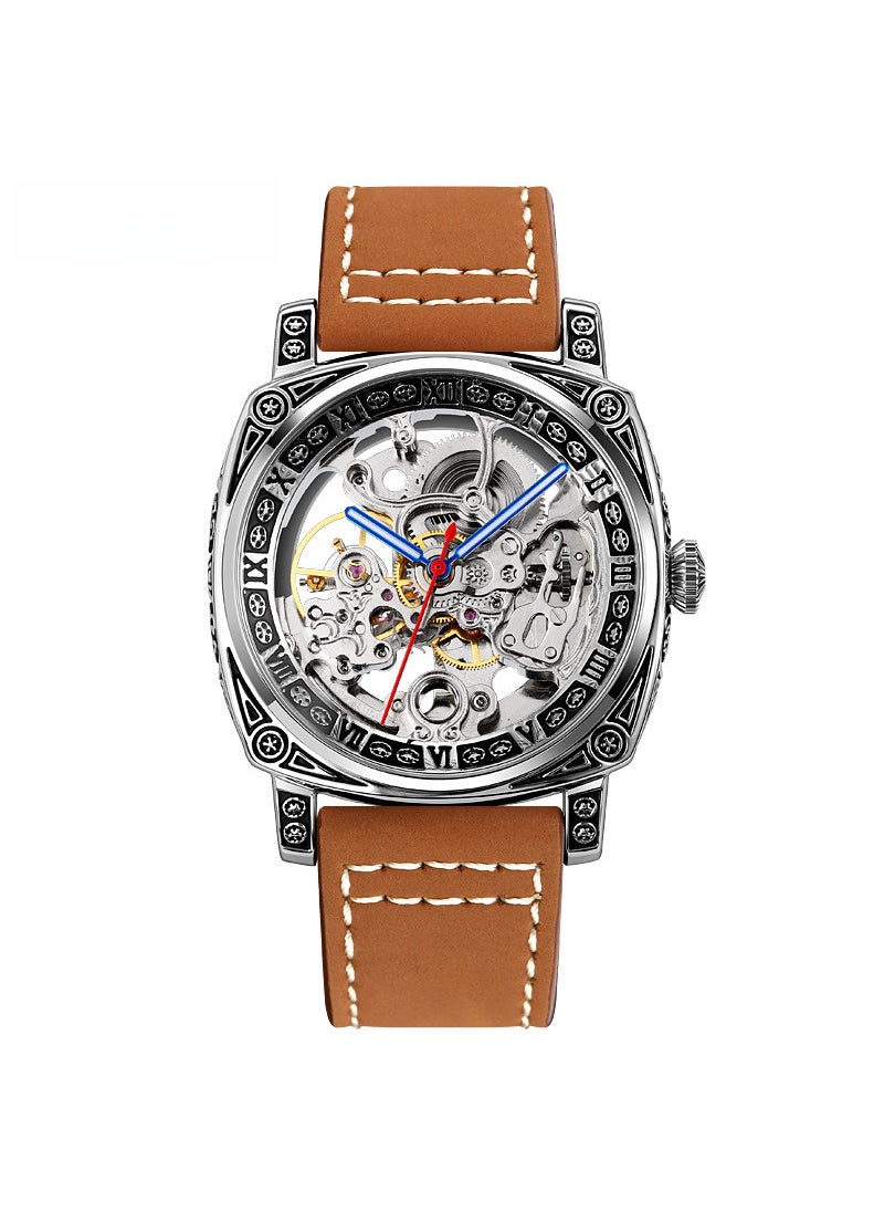 SKMEI Mens Square Automatic Mechanical Watch Water-Resistant with Engraved Leather Strap Brown
