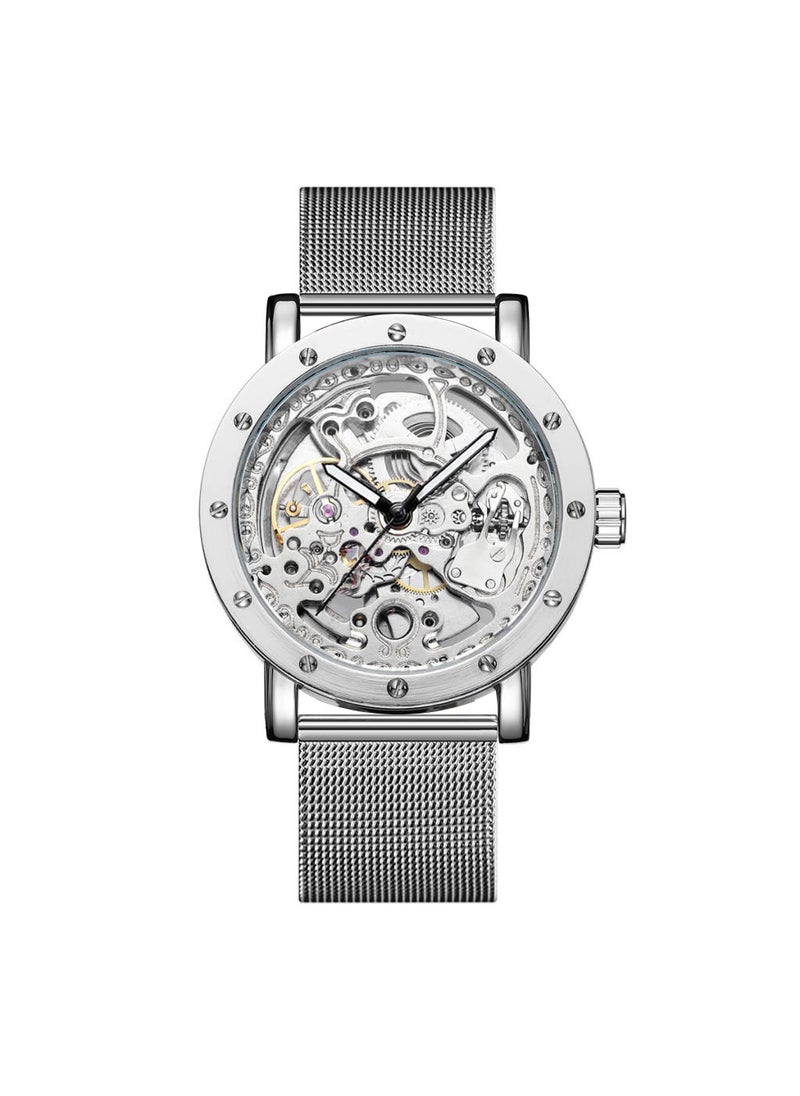 Double-Sided Hollow Automatic Mens Watch Mesh belt Silver