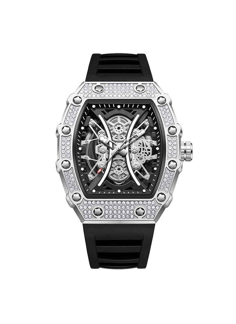 Jinshidun Barrel Mens Diamond Quartz Watch Silver Shell Black Belt