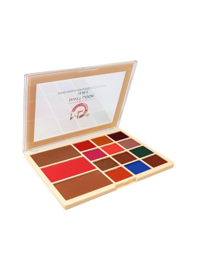 Mattlook 15 In 1 Baked Highlighter & Eyeshadow Matte Palette, Face Makeup, Matte Multicolor-1 (33.6Gm)