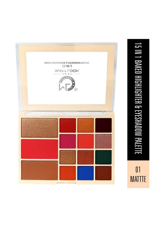 Mattlook 15 In 1 Baked Highlighter & Eyeshadow Matte Palette, Face Makeup, Matte Multicolor-1 (33.6Gm)