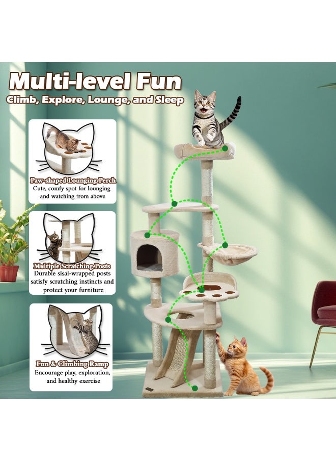 Large cat tree tower with Top soft plush, Paw shape perch and Hammock, Multi-level cat tree with Cozy condo, Fun ladder, Scratching posts, and For all size breeds, 150 cm Indoor cat tower (Beige)