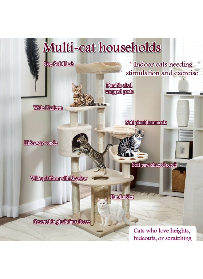 Large cat tree tower with Top soft plush, Paw shape perch and Hammock, Multi-level cat tree with Cozy condo, Fun ladder, Scratching posts, and For all size breeds, 150 cm Indoor cat tower (Beige)